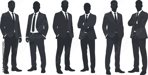 Silhouette of six powerful businessmen in suits, conveying a corporate, professional, and confident mood; ideal for business, finance, and leadership concepts.