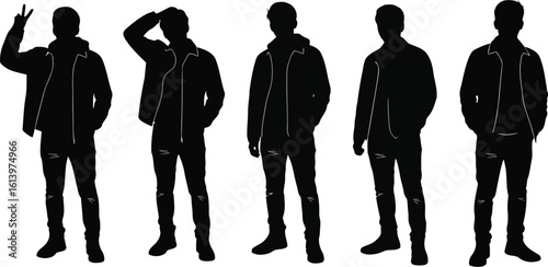 Five Male Silhouettes: Casual Jacket Poses, Black and White, Modern Style, Urban Mood.