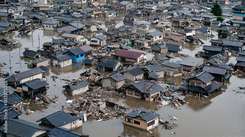 Aerial view of a flooded residential area.  Homes submerged, debris scattered.  Flooded streets and homes
