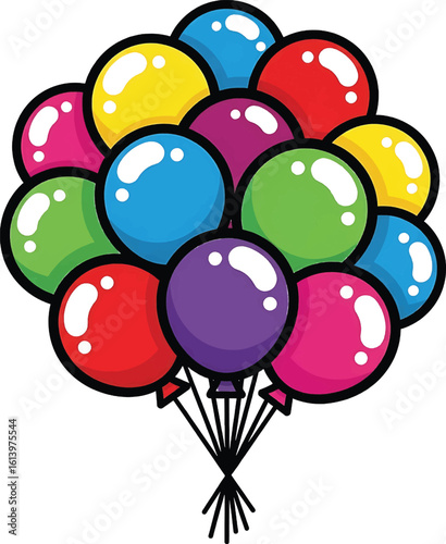 Colorful balloons clustered together in a bunch for party decorations and festive celebrations