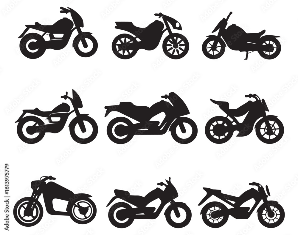 Fototapeta premium Collection of varied motorcycle silhouettes on white background showing different motorcycle models and styles