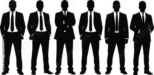 Silhouette of six confident businessmen in suits, standing in a row, powerful and professional business team concept.