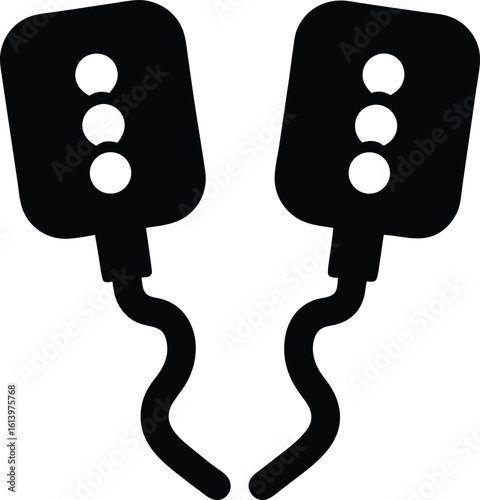 Defibrillator paddles icon representing emergency medical care in a simple black and white design ideal for health related applications