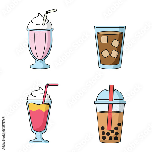 Collection of various refreshing drinks in glasses with straws on white background