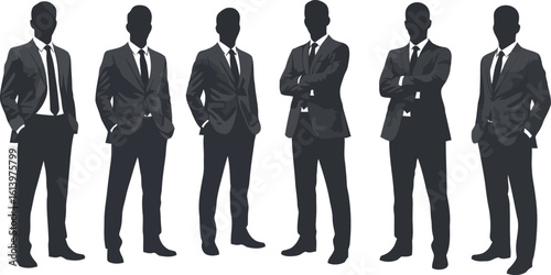 Silhouette of five confident businessmen in suits, standing in a row, showcasing diverse postures; professional, corporate, teamwork concept.