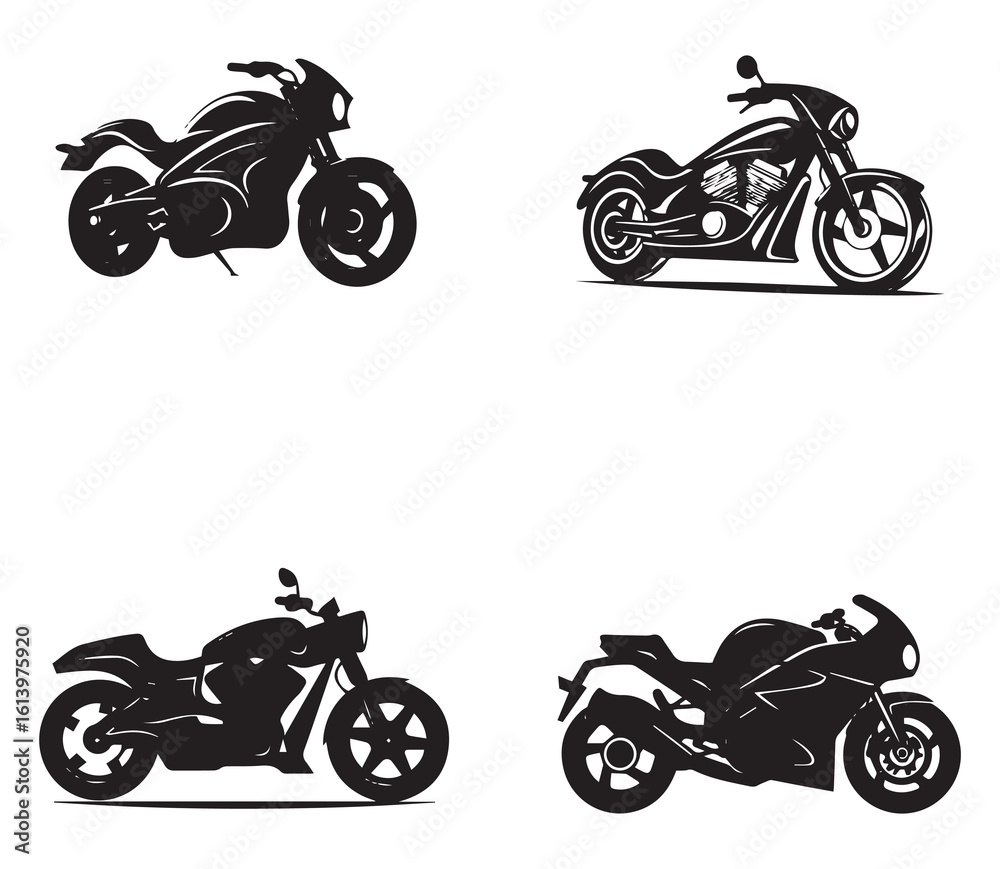 Obraz premium Four motorcycle silhouettes showcasing different styles on a clean white background