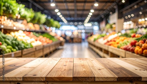 Rustic wooden table with vibrant produce backdrop