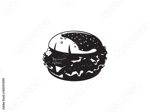 Black and White Burger Illustration with Sesame Seed Bun and Delicious Filling