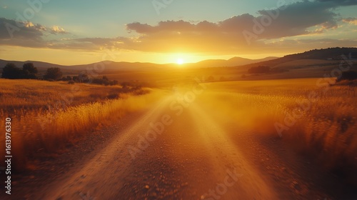 Wallpaper Mural Sunset View on a Dirt Road Surrounded by Fields and Mountains in a Golden Landscape. Torontodigital.ca