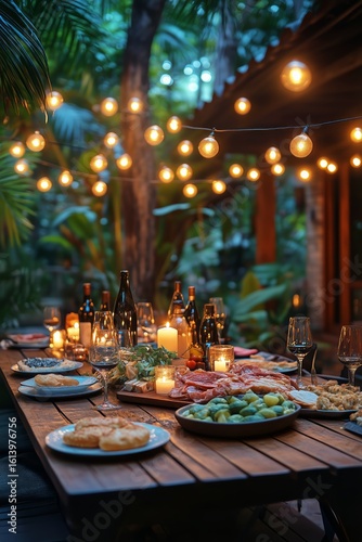 Evening Outdoor Gathering With Food, Drinks, and Lights in a Beautiful Garden...