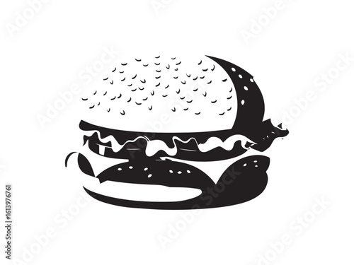 Black and White Silhouette of a Classic Hamburger with Sesame Seed Bun Design