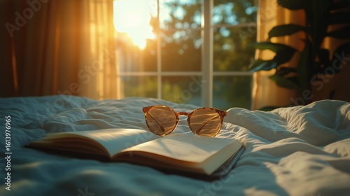 Warm Sunlight Breaks Through Curtains Illuminating a Book and Sunglasses on a...
