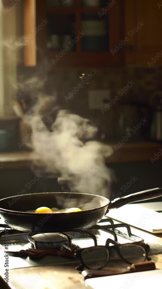 Steamy frying pan with eggs on gas stove in cozy morning kitchen – vertical cinematic cooking scene 
