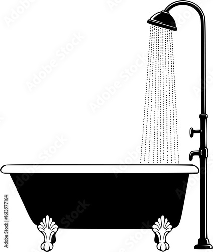 Vintage Shower Delight: A classic black and white illustration of a vintage clawfoot bathtub, elegant shower head with cascading water, symbolizing relaxation and old-world charm. 