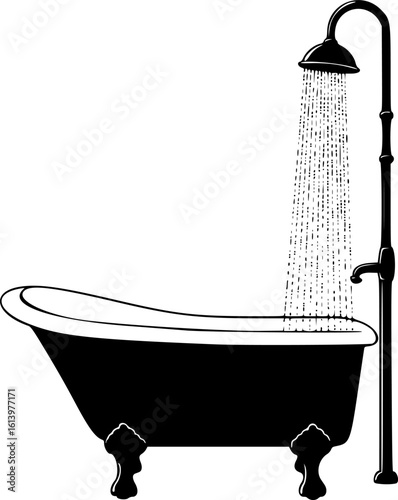 Vintage Shower Delight: A classic black and white illustration of a vintage clawfoot bathtub, elegant shower head with cascading water, symbolizing relaxation and old-world charm. 