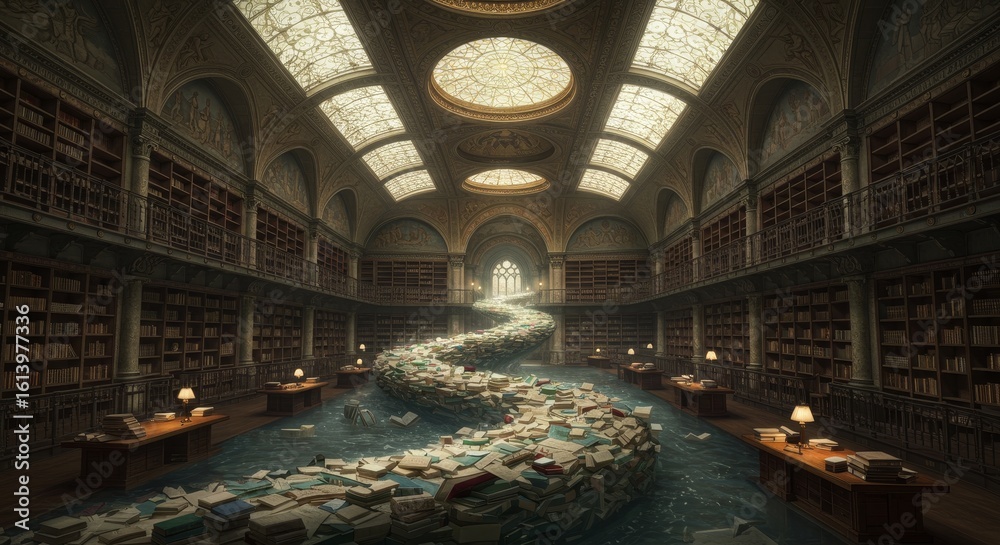 Obraz premium A grand library with a river of knowledge flowing through its halls and book desks