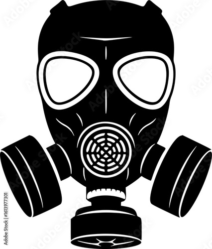 Gas Mask Icon: A detailed illustration of a gas mask, depicted in a bold black and white design, symbolizing protection, danger, and survival.
