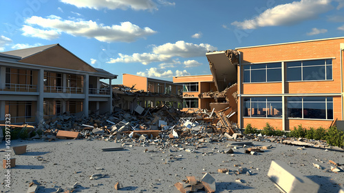Damaged school buildings after a devastating earthquake.  Collapsed walls, debris, and destruction litter the campus