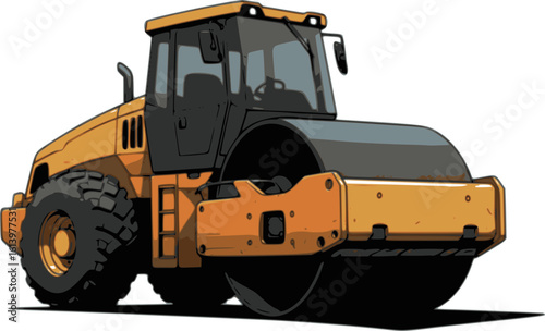 Road Roller in Action: A detailed illustration of a road roller, captured in a dynamic perspective, the massive roller poised for the essential work of road construction and groundwork