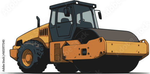 Road Roller in Action: A detailed illustration of a road roller, captured in a dynamic perspective, the massive roller poised for the essential work of road construction and groundwork