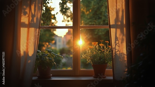 Serenity at Sunset With Flowers in Pots Beside a Warm Window View During Gold...