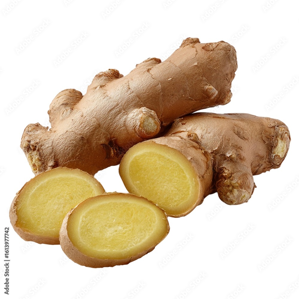 Fototapeta premium Photo of close up of fresh ginger root and slices, a popular spice used in cooking and traditional medicine