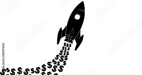 Rocket launch with money trail for business growth and financial success concept and investment strategy