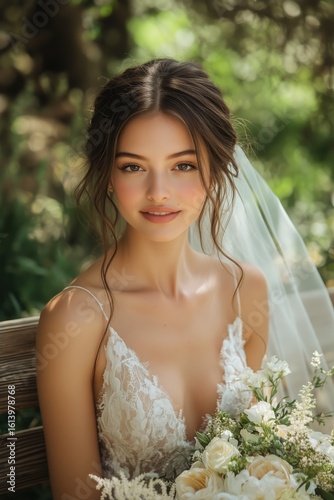 Beautiful Bride With Floral Bouquet in a Garden Setting During Golden Hour.