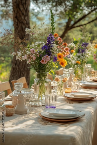 Elegant Outdoor Dining Setup With Colorful Flowers and Natural Light in a Ser...