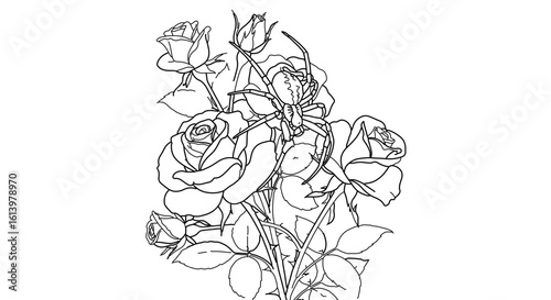 Spider on roses line art drawing vector illustration for coloring pages books and design projects one hundred