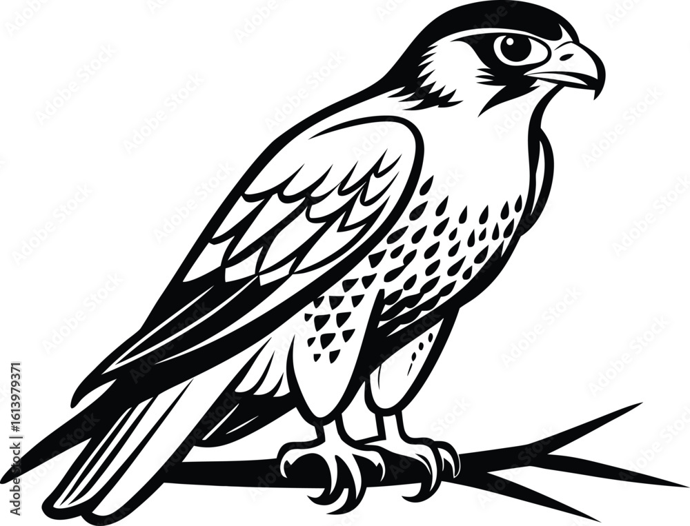 Fototapeta premium Falcon on branch, bird silhouette line art, perched raptor drawing, wildlife vector illustration, minimal nature scene