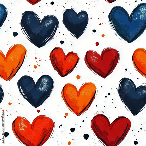 Colorful Hearts Pattern With Red and Black Hearts on a White Background for C...