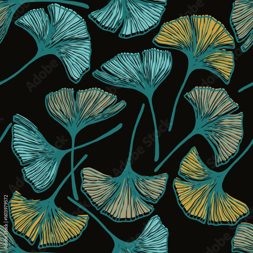 Ginkgo biloba leaves seamless batik print. Elegant gingko foliage outline vec...