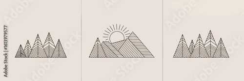 Geometric mountain range with minimalist pine trees and a rising sun graphic over peaks, rendered in a clean, neutral color palette.