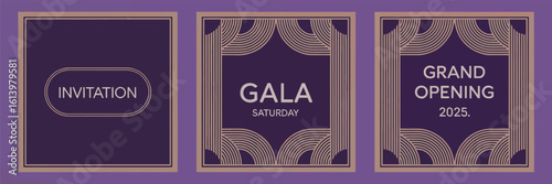 Elegant Event Invitation Trio: A set of three Art Deco-inspired designs announcing an exclusive Gala Saturday Grand Opening with an inviting ambiance, and anticipation.