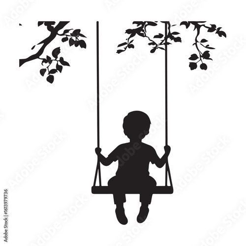 boy swinging on swing silhouette, Silhouette little boy playing swing in the playground , Child on a swing silhouette vector  