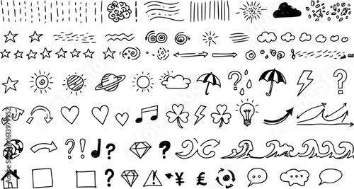 Сollection of various black doodle elements, manga-style illustration pictogram icon set. EPS 10 version.