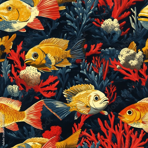 Colorful Underwater Landscape Featuring Goldfish and Vibrant Coral Reef in th...