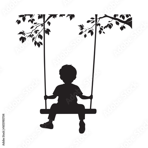 boy swinging on swing silhouette, Silhouette little boy playing swing in the playground , Child on a swing silhouette vector  