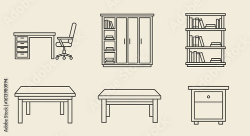 Outline Furniture Icons Set: Desk, Chair, Wardrobe, Bookshelf, Tables, and Nightstand for Home and Office