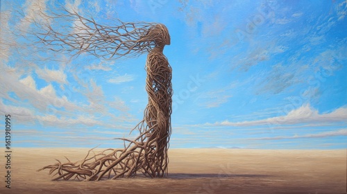 Symbolist painting of a woman made of twisted roots and branches, standing alone on desolate plain, concept of disconnection