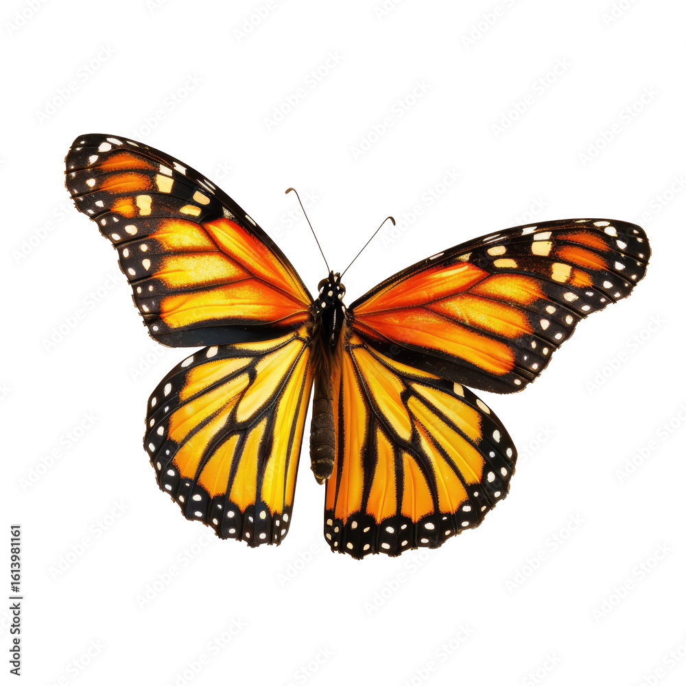 Obraz premium Monarch butterfly, vibrant orange and black wings, isolated on black