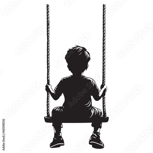 boy swinging on swing silhouette, Silhouette little boy playing swing in the playground , Child on a swing silhouette vector  