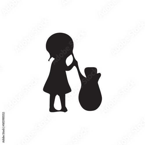 Black silhouette of a girl pulling a heavy sack on white background