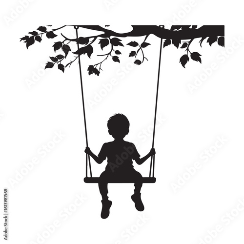 boy swinging on swing silhouette, Silhouette little boy playing swing in the playground , Child on a swing silhouette vector  