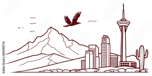 Phoenix skyline silhouette featuring Chase Tower, desert scenery, and Camelback Mountain