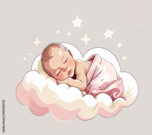 Sleeping baby girl peacefully resting on a pink cloud cartoon vector illustration