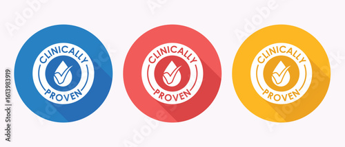 Clinically Proven Assurance Badges in Various Colors Symbolizing Scientific Validation and Reliable Product Efficacy Confirmation Process
