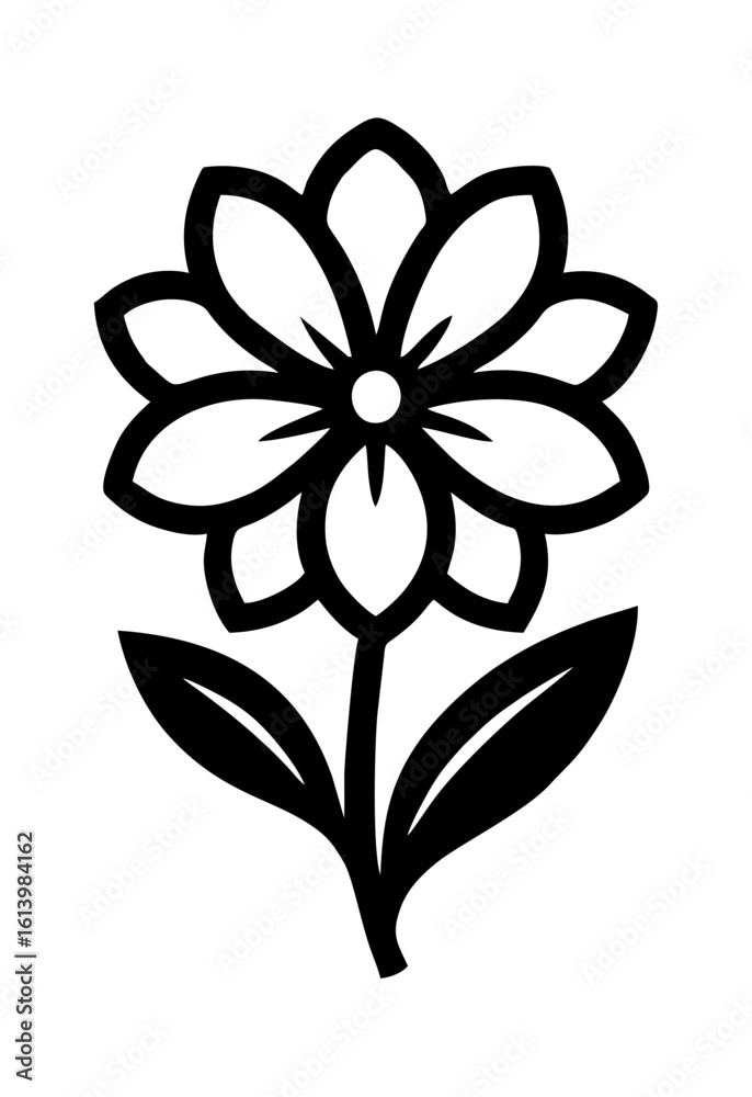 Fototapeta premium Elegant Black and White Flower Icon – Symmetrical Eight-Petal Blossom with Central Circle and Twin Leaf Stem
