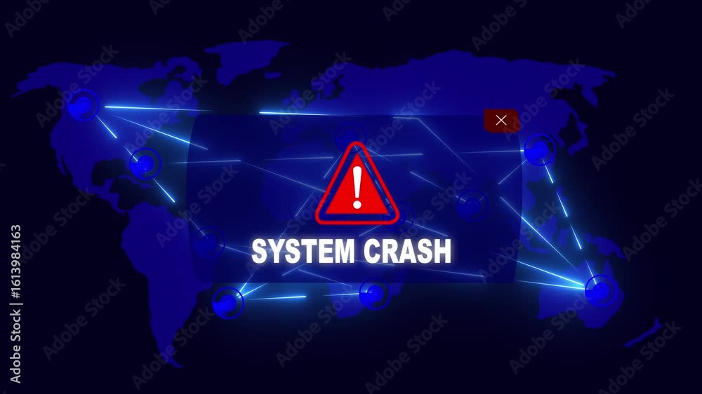 SYSTEM CRASH Alert Warning Message Attack on World map. Wire frame ...